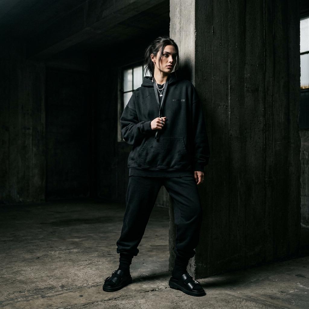 YEENKSLUXE campaign model in black streetwear